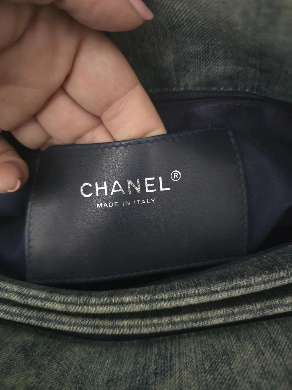 AUTHENTIC Chanel Blue Denim Camellia Just Mademoiselle Bowler Bag